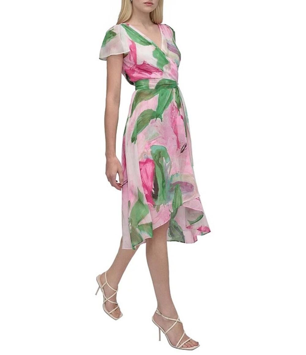 DKNY by Donna Karan Short Sleeve V-Neck Tie Waist Chiffon Wrap Dress 14